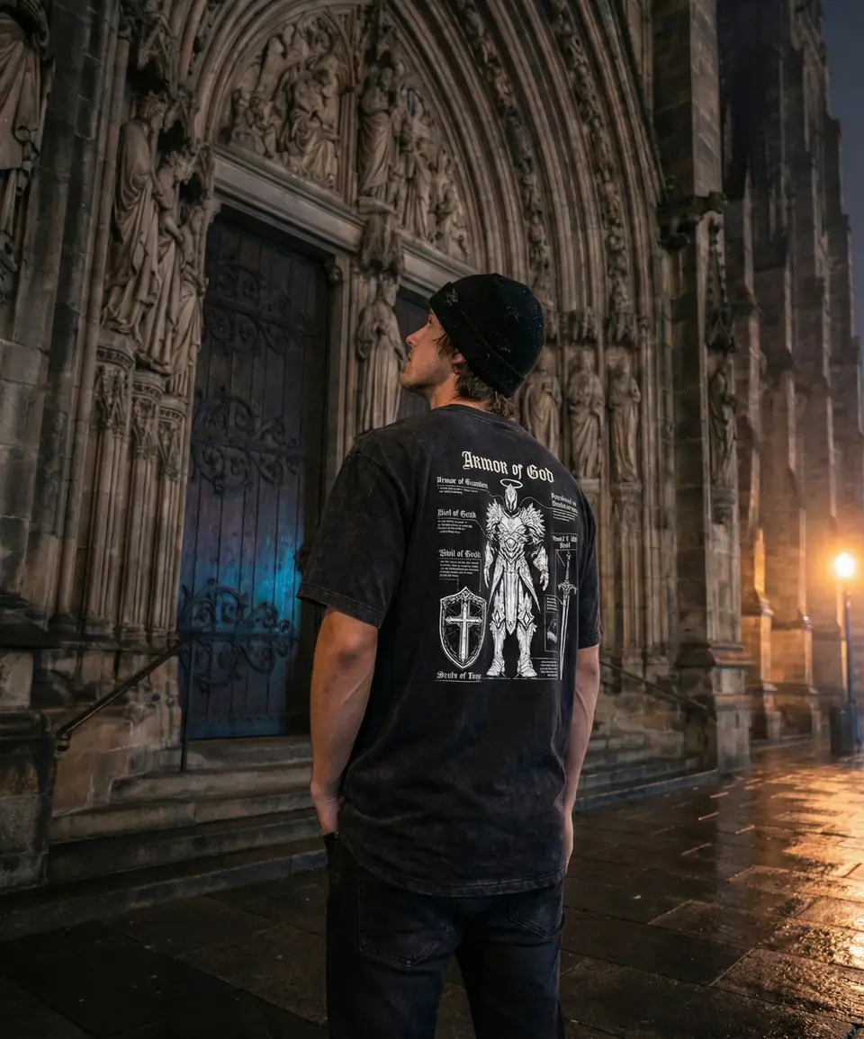 Armor of God tee under dramatic street light