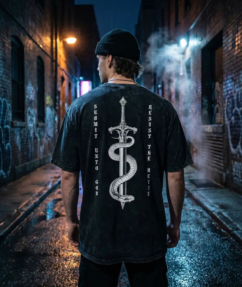 Slain Serpent tee worn in a dark urban alley