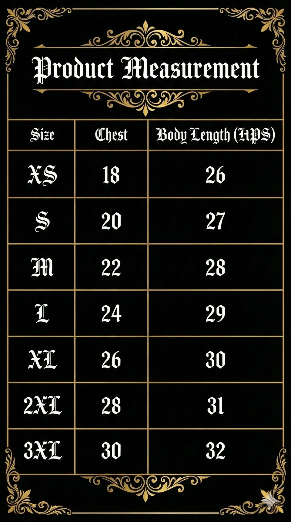 Sizing chart