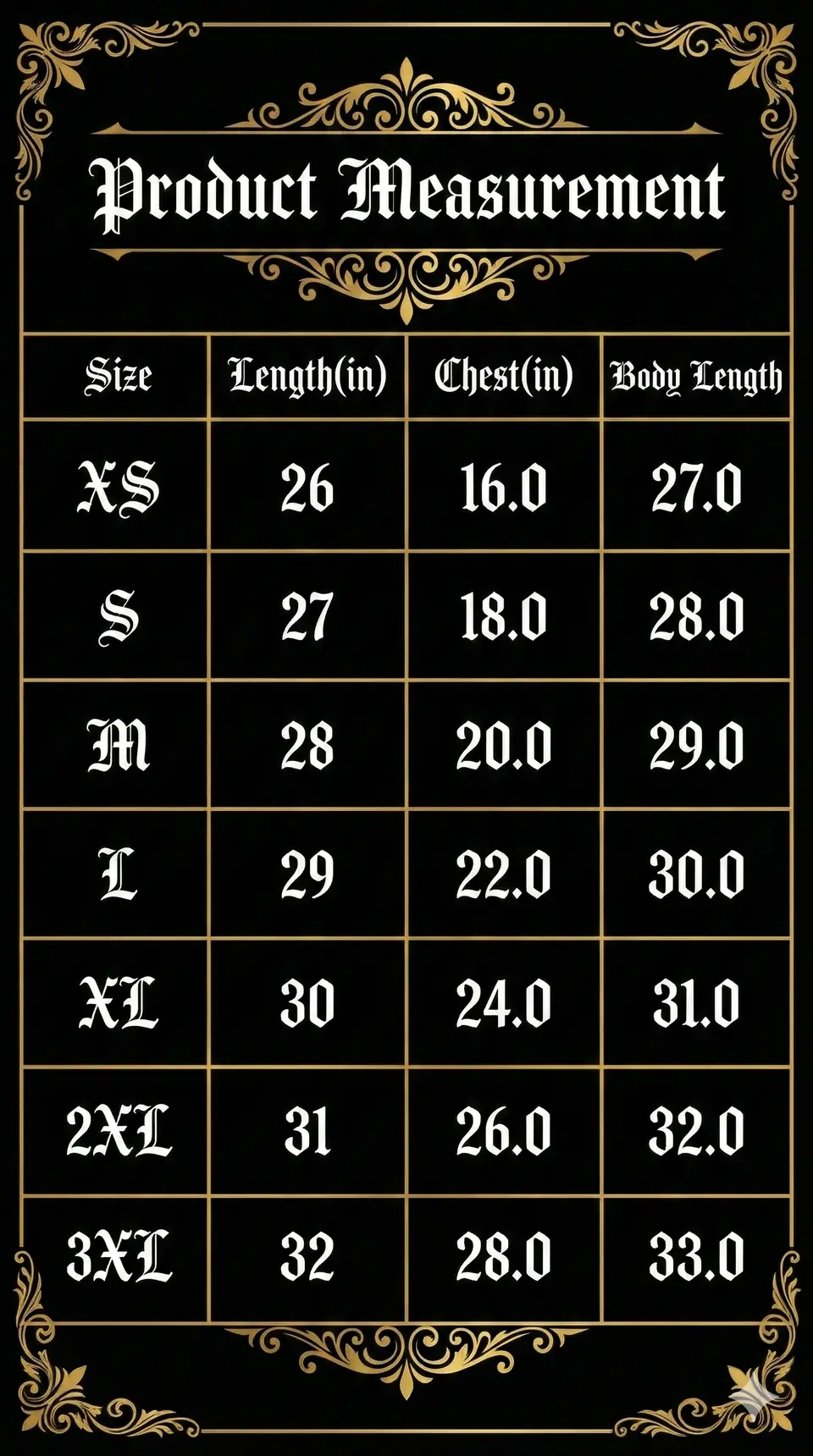 Sizing chart